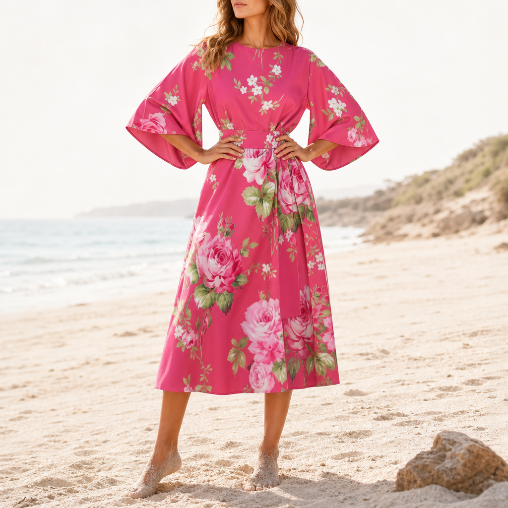 Peniscola Floral Kimono Sleeve Dress in Pink