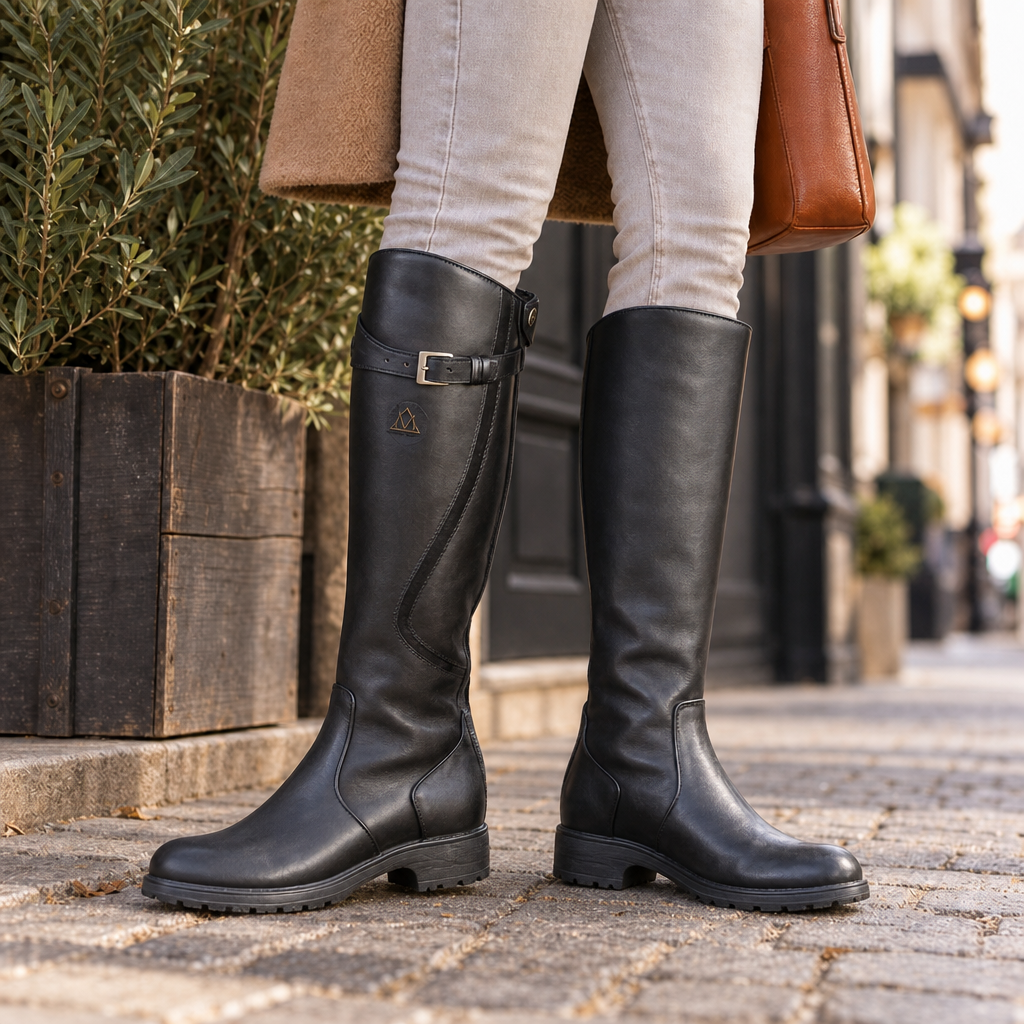 Perpignan Orthopedic Leather Knee-High Riding Boots in Black