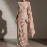 Portofino Cape Sleeve Pleated Maxi Dress in Khaki