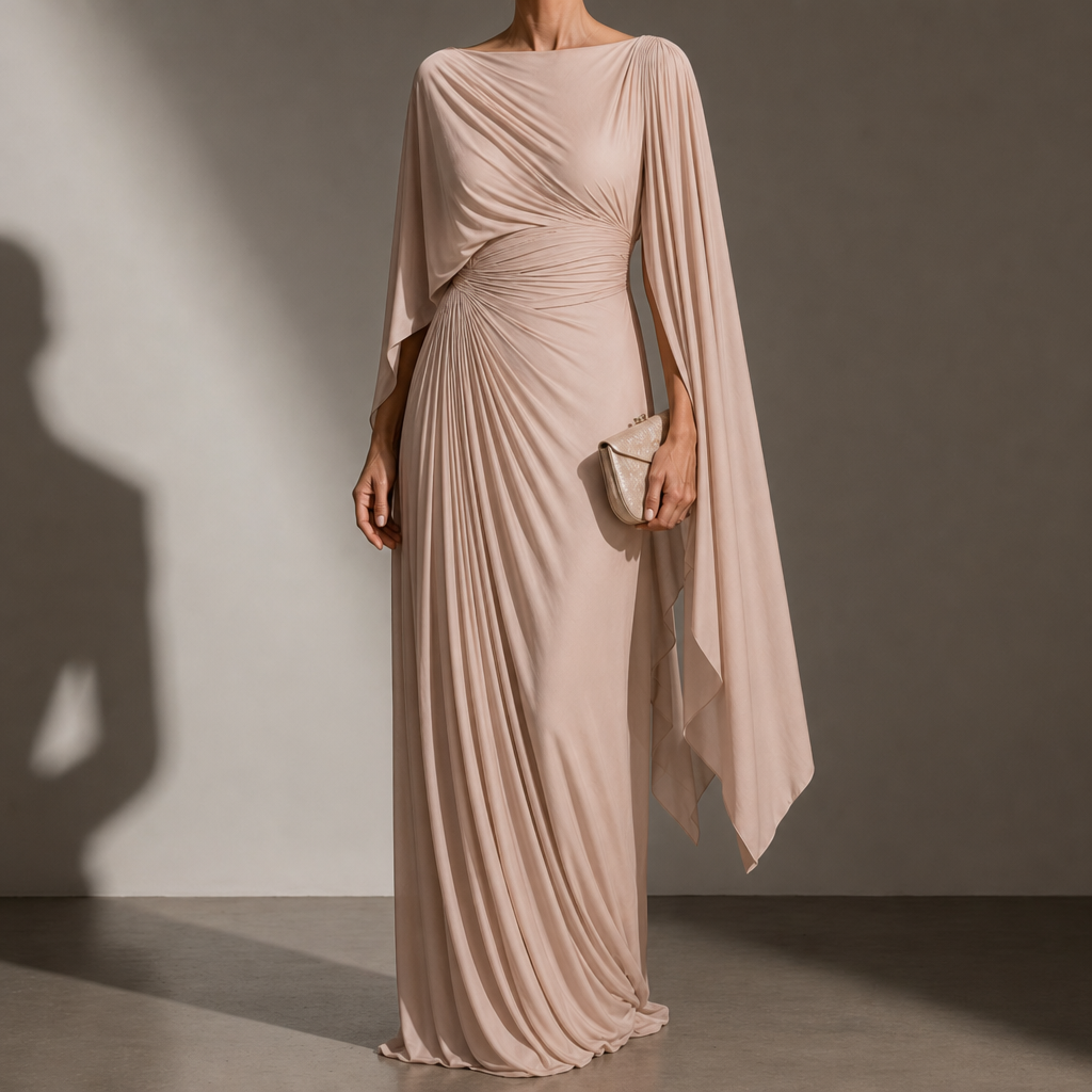 Portofino Cape Sleeve Pleated Maxi Dress in Khaki