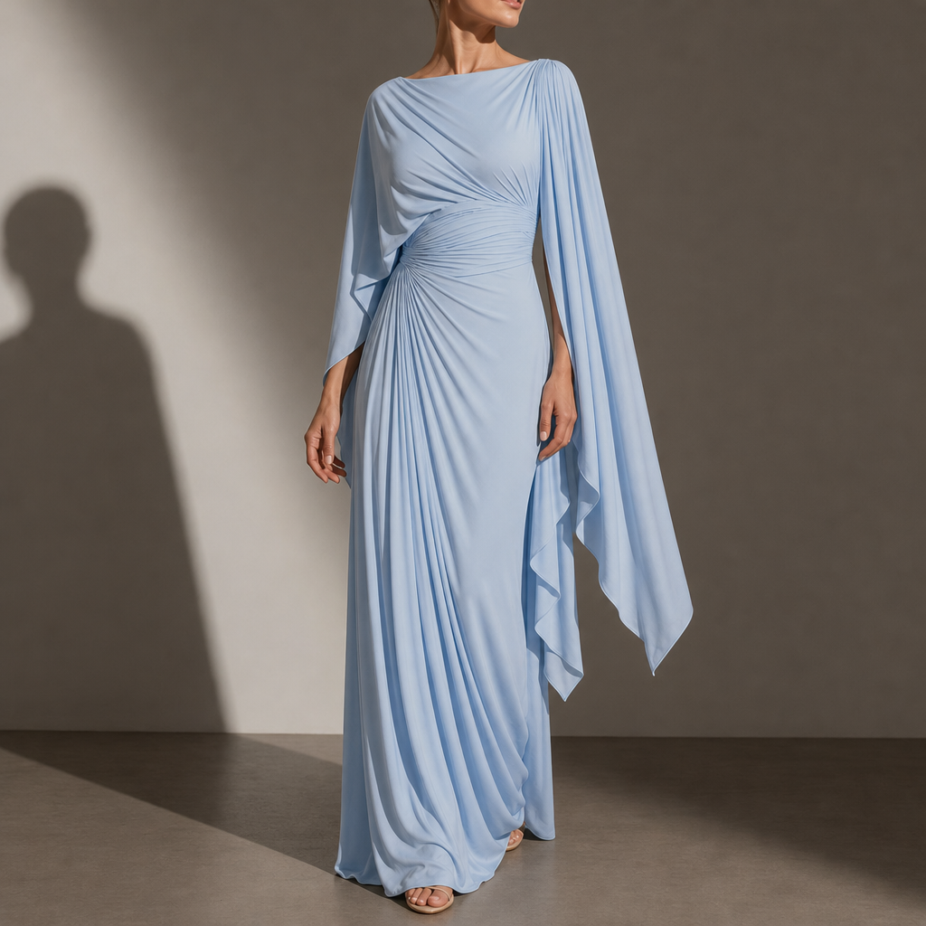 Portofino Cape Sleeve Pleated Maxi Dress in Light Blue
