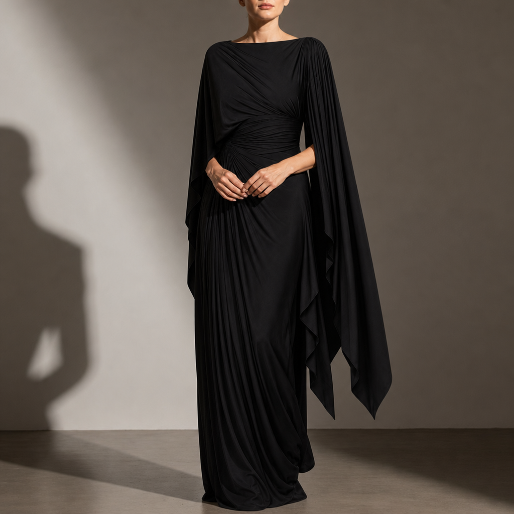 Portofino Cape Sleeve Pleated Maxi Dress in Black