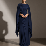 Portofino Cape Sleeve Pleated Maxi Dress in Navy Blue