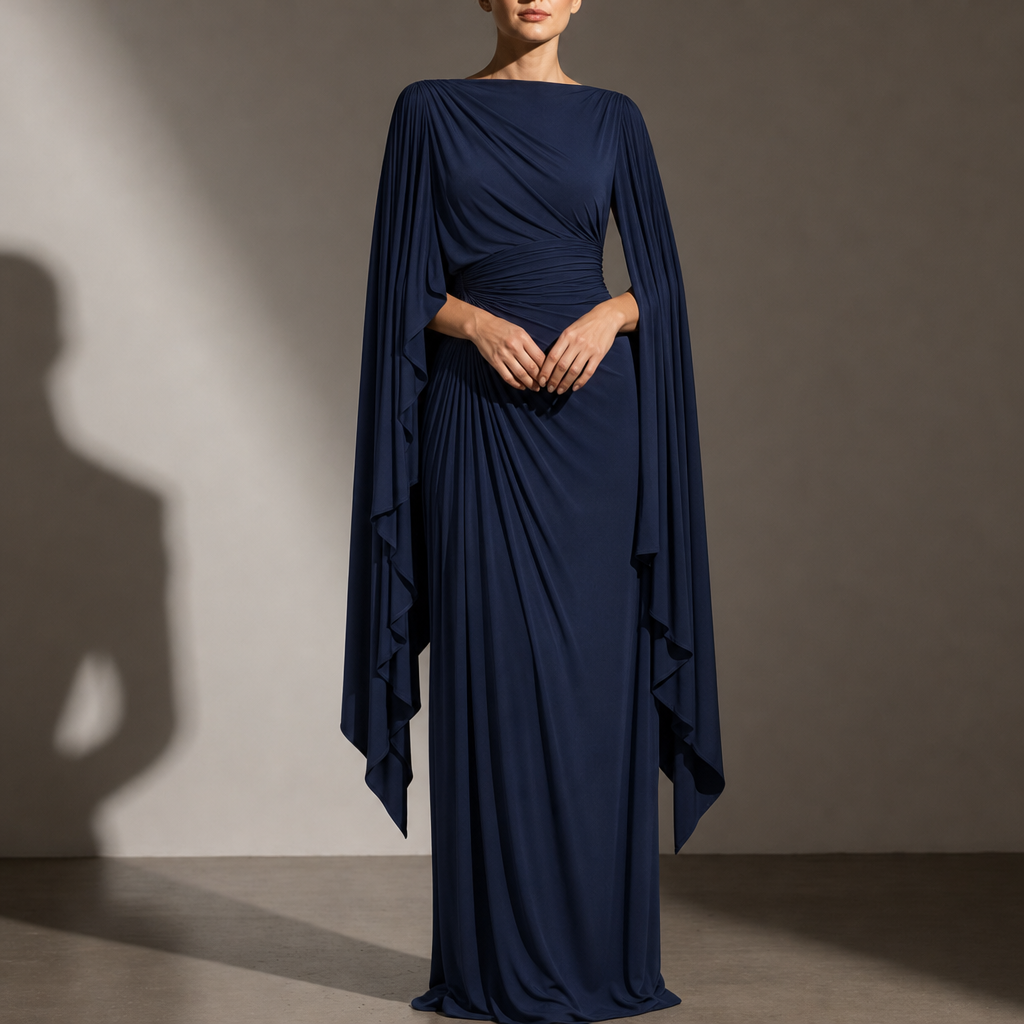 Portofino Cape Sleeve Pleated Maxi Dress in Navy Blue
