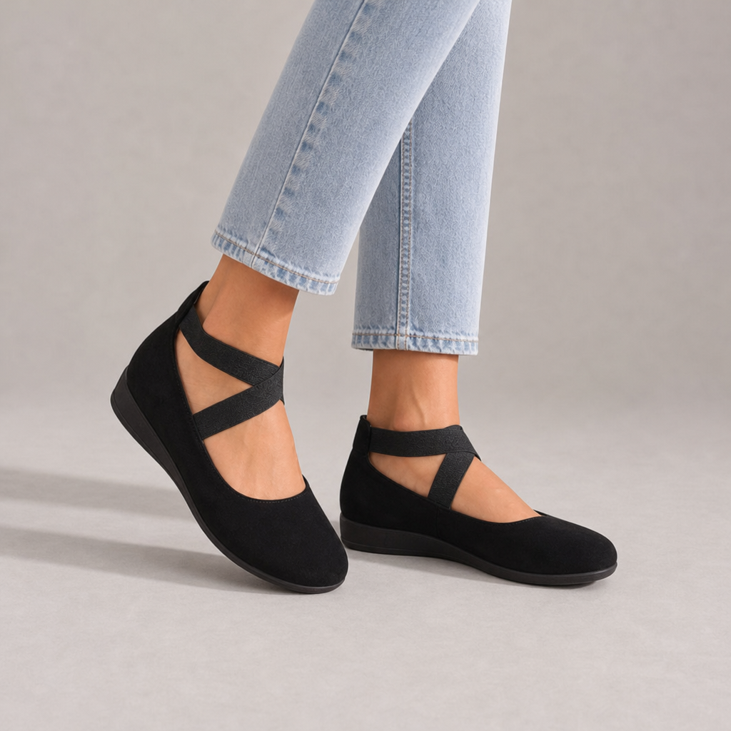 Portofino Orthopedic Cross Strap Ballet Flats in Black