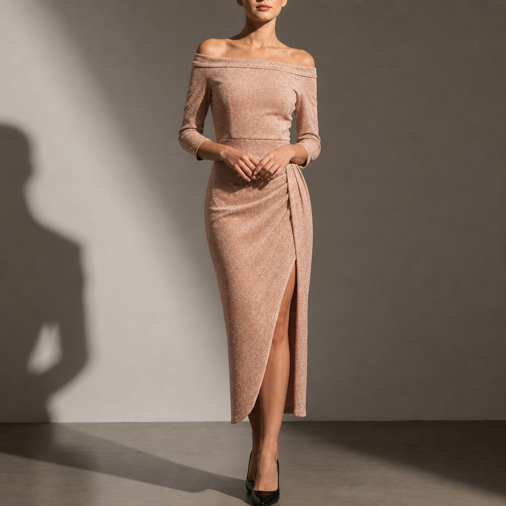 Pula Off-Shoulder Slit Midi Dress in Champagne