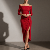 Pula Off-Shoulder Slit Midi Dress in Red