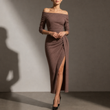 Pula Off-Shoulder Slit Midi Dress in Brown