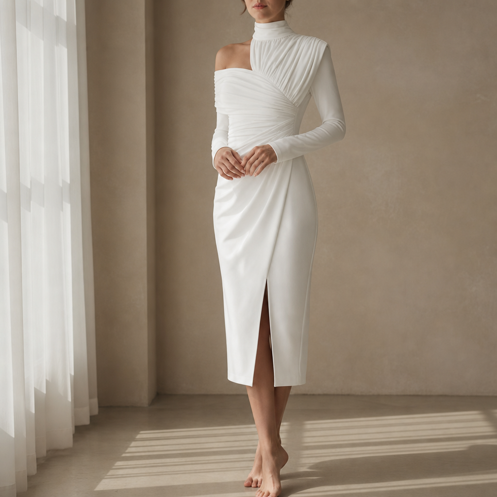 Pylos Ruched Asymmetrical Midi Dress in White