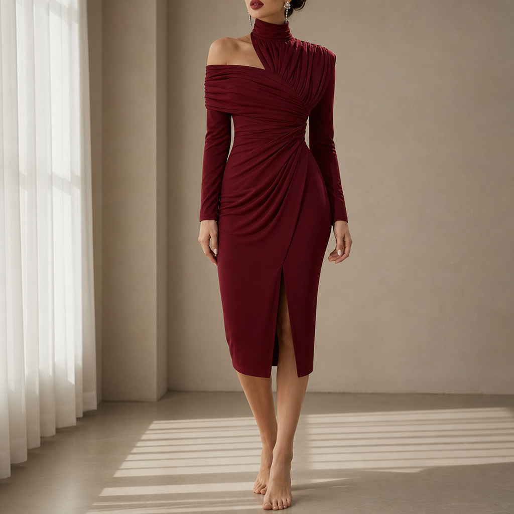 Pylos Ruched Asymmetrical Midi Dress in Burgundy