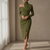 Pylos Ruched Asymmetrical Midi Dress in Green