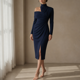 Pylos Ruched Asymmetrical Midi Dress in Dark Blue