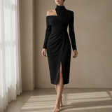 Pylos Ruched Asymmetrical Midi Dress in Black