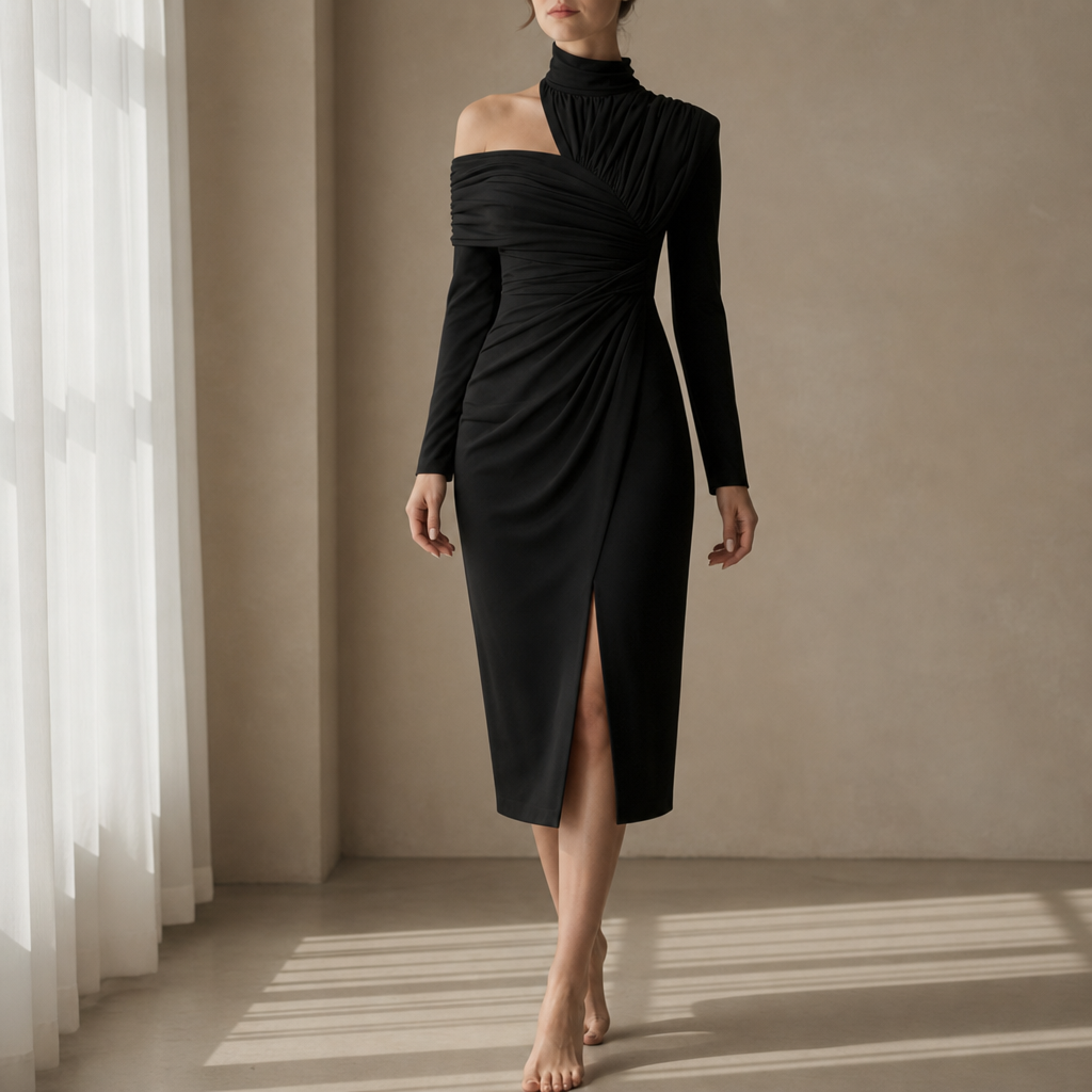Pylos Ruched Asymmetrical Midi Dress in Black