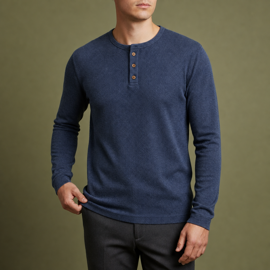 Rapallo Waffle Knit Henley in Navy Blue