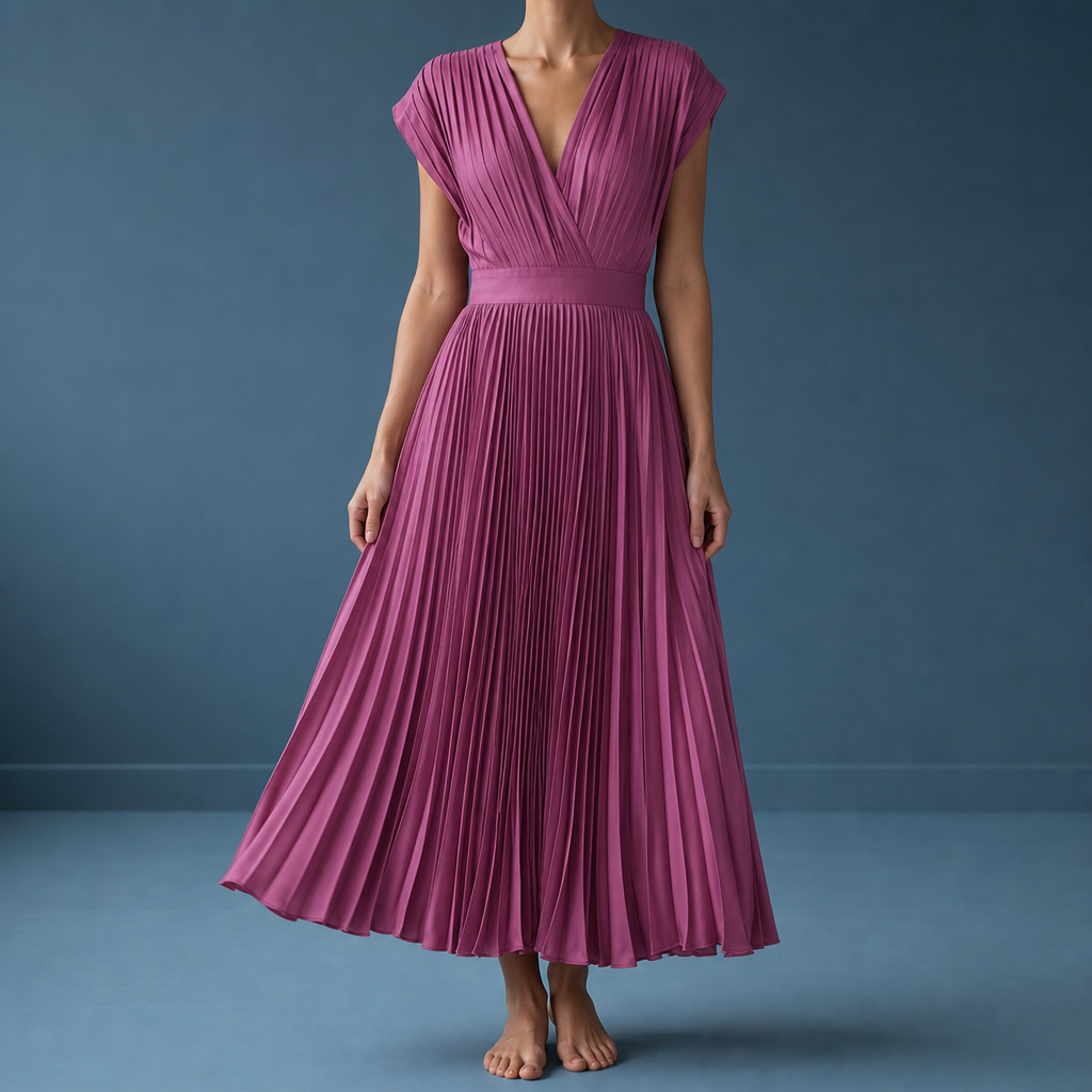 Sanlucar Pleated V-Neck Midi Dress in Plum