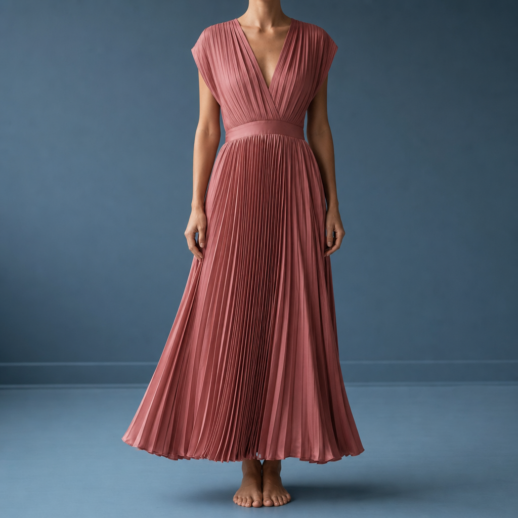 Sanlucar Pleated V-Neck Midi Dress in Roségold