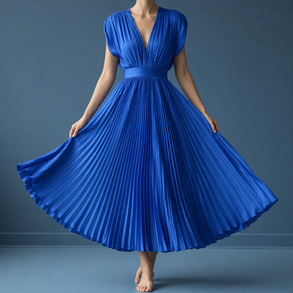 Sanlucar Pleated V-Neck Midi Dress in Blue