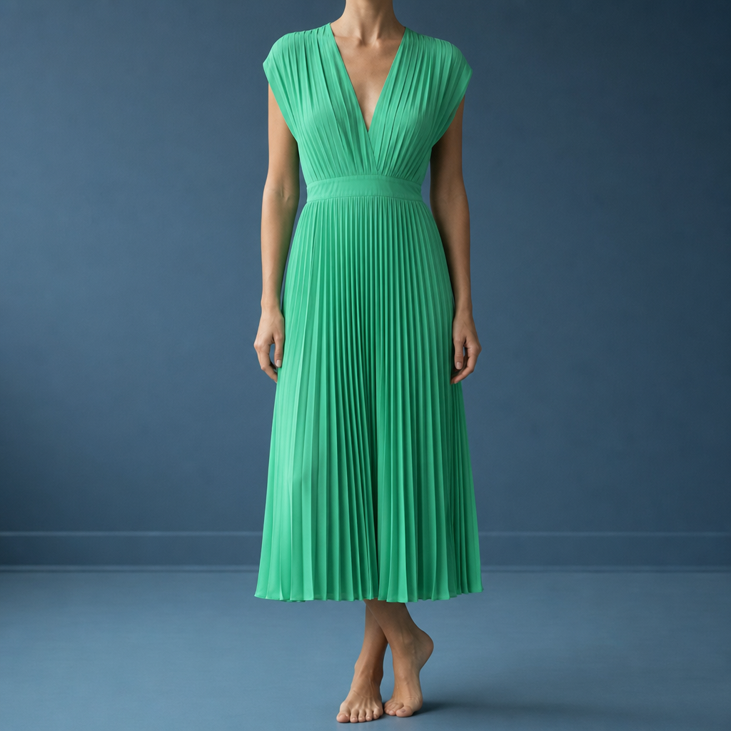Sanlucar Pleated V-Neck Midi Dress in Green