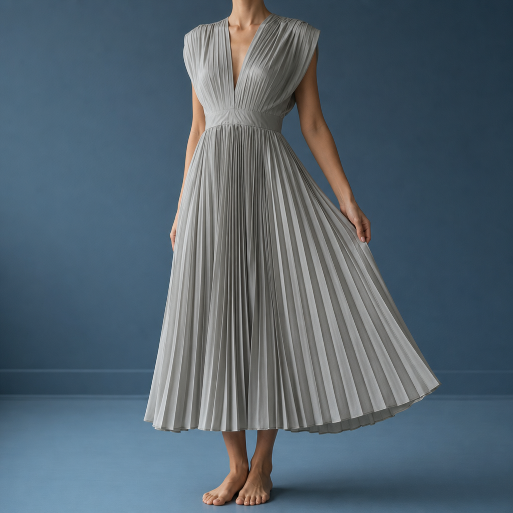 Sanlucar Pleated V-Neck Midi Dress in Silver