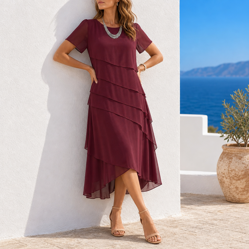 Sanlucar Tiered Chiffon Midi Dress in Red