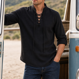 Segovia Lace-Up Linen Shirt in Black