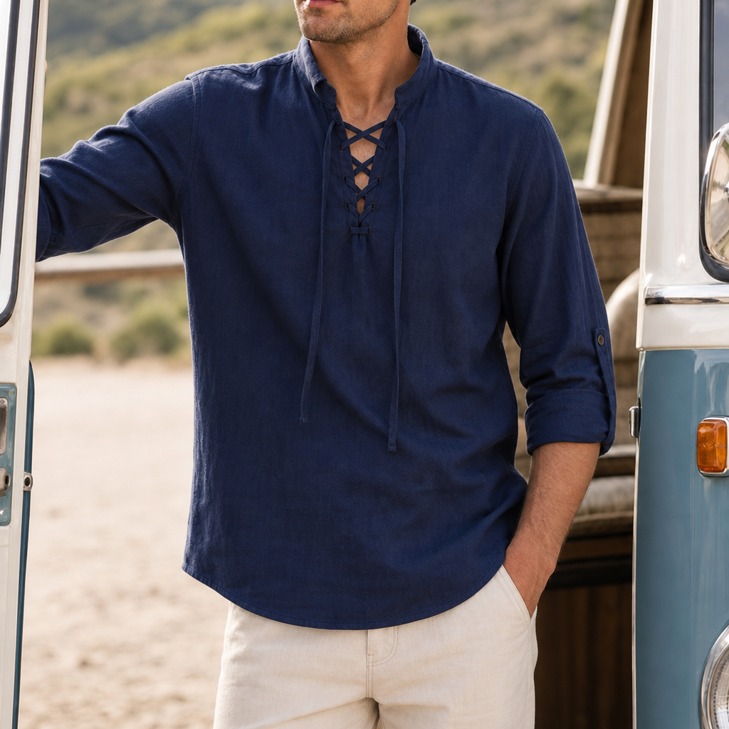 Segovia Lace-Up Linen Shirt in Blue