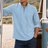 Segovia Lace-Up Linen Shirt in Light Blue