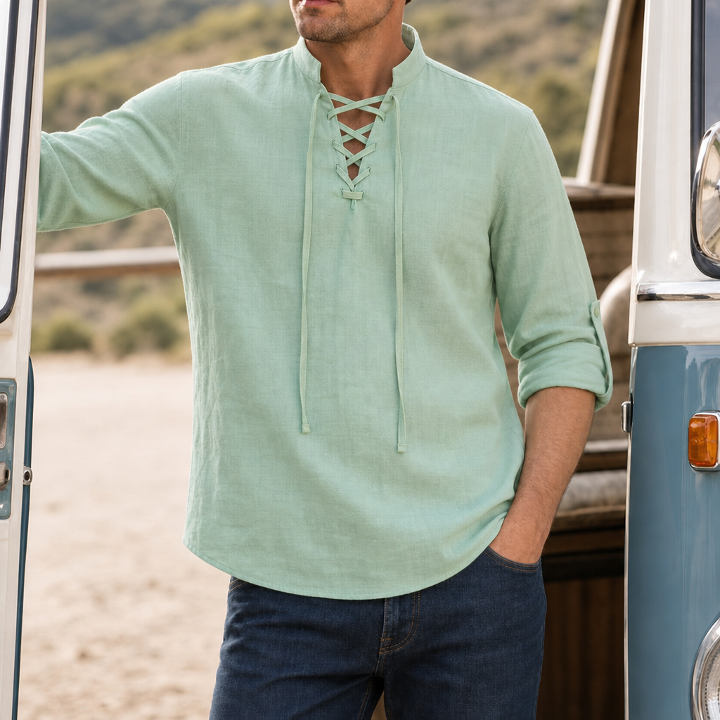 Segovia Lace-Up Linen Shirt in Green