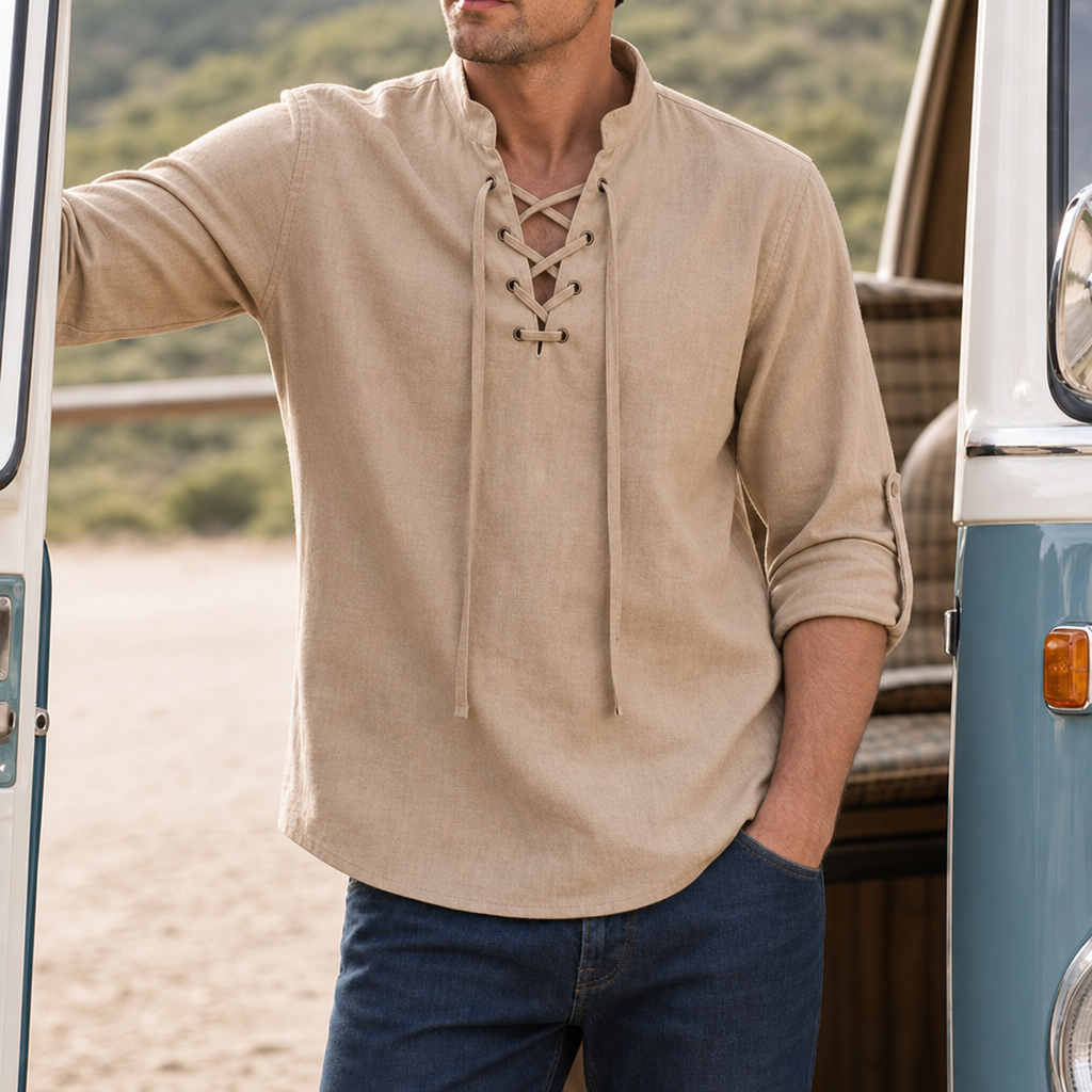 Segovia Lace-Up Linen Shirt in Brown
