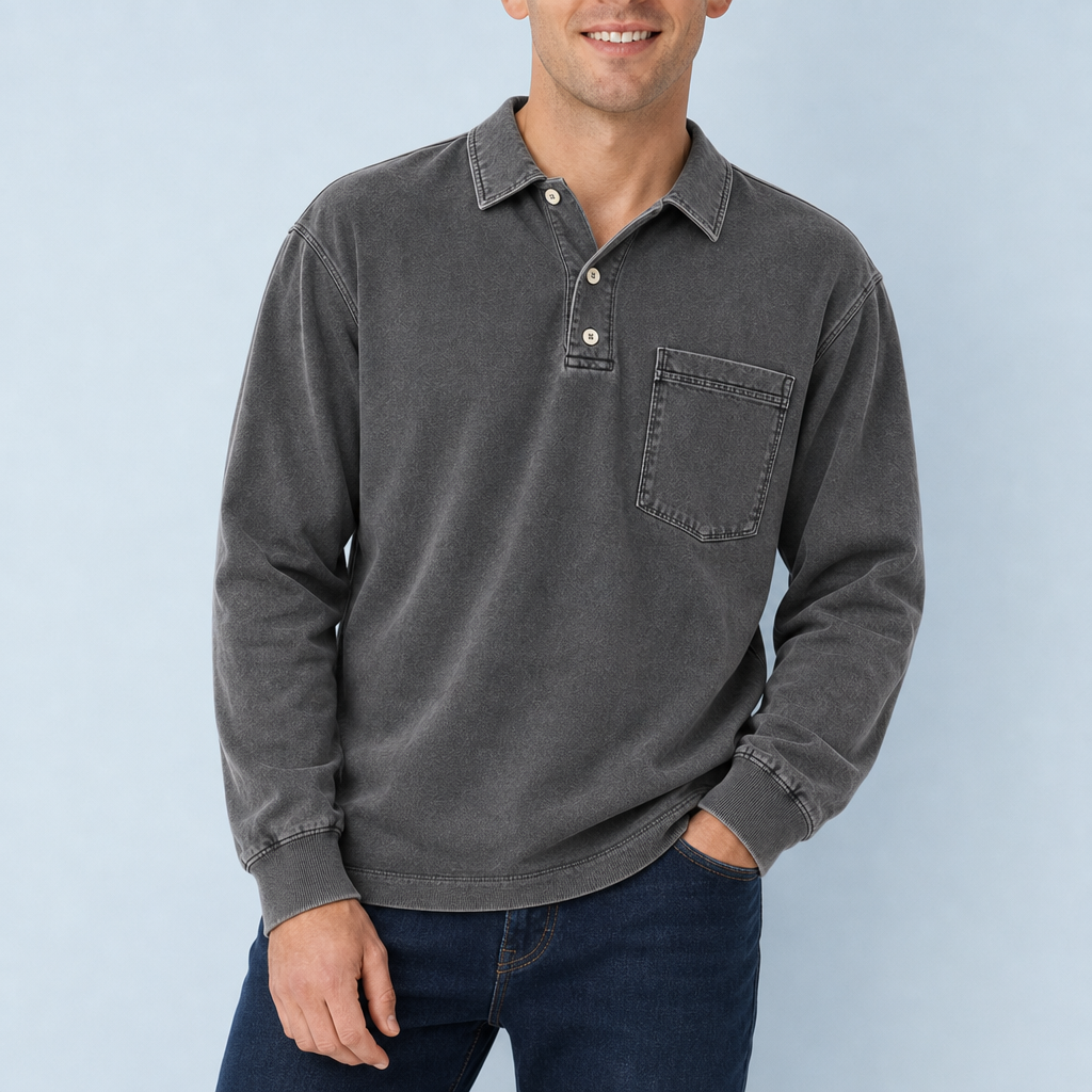 Sete Vintage Washed Henley Sweatshirt in Dark Gray