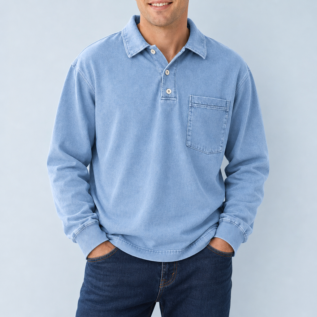 Sete Vintage Washed Henley Sweatshirt in Light Blue