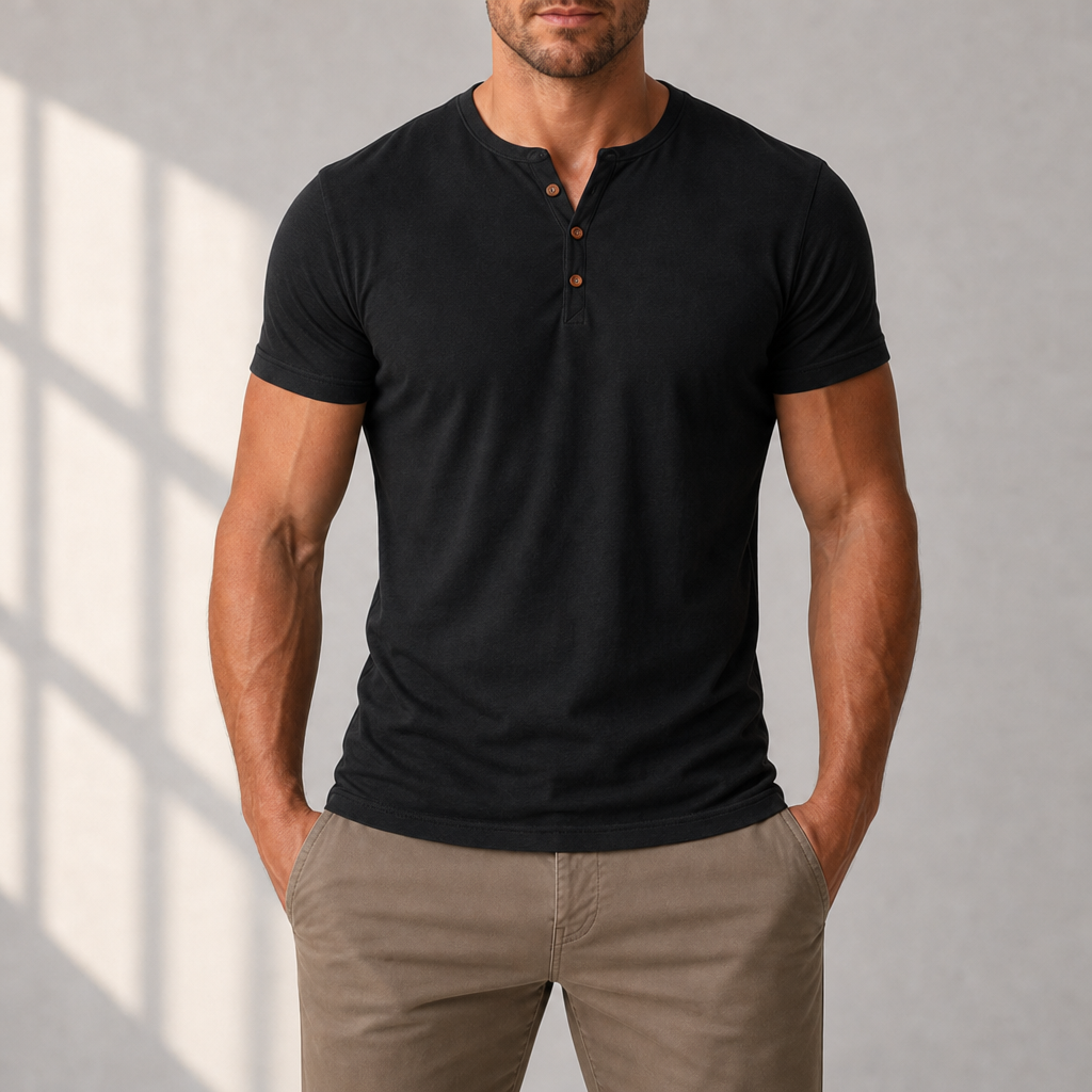 Silves Muscle Fit Henley Tee in Black