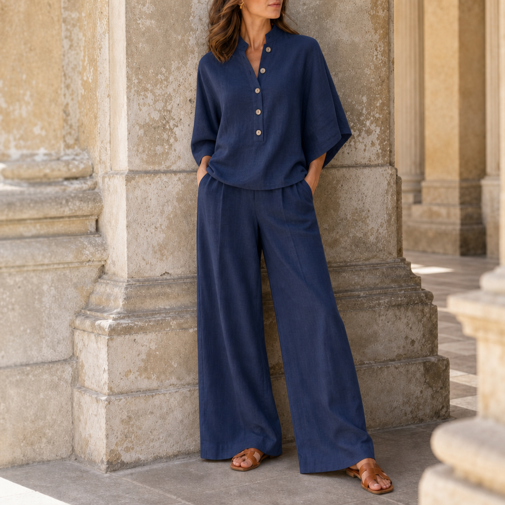 Sitia Linen Wide-Leg Set in Navy Blue