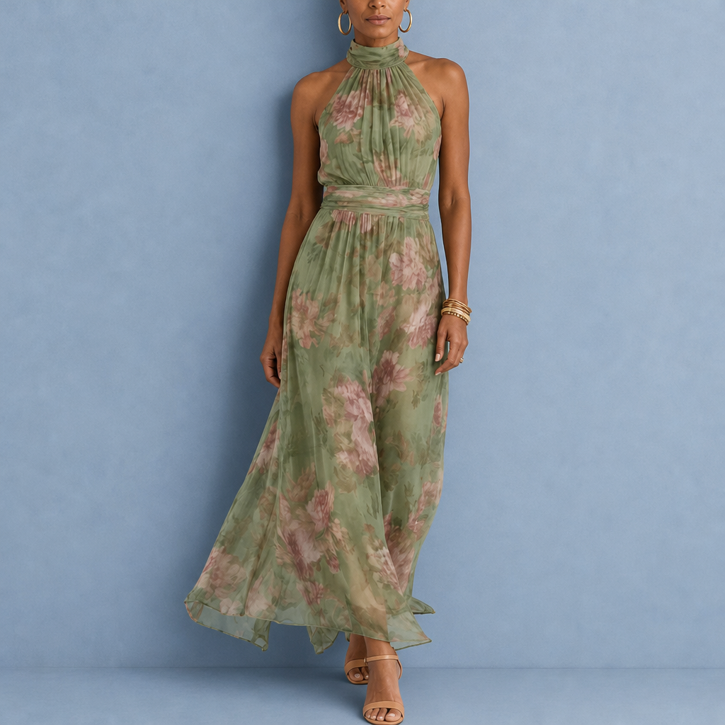 Skiathos Floral Halter Maxi Dress in Sage Green