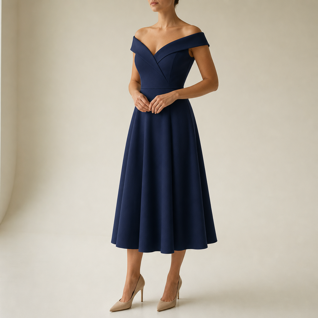 Skopelos Off-Shoulder Midi Dress in Dark Blue