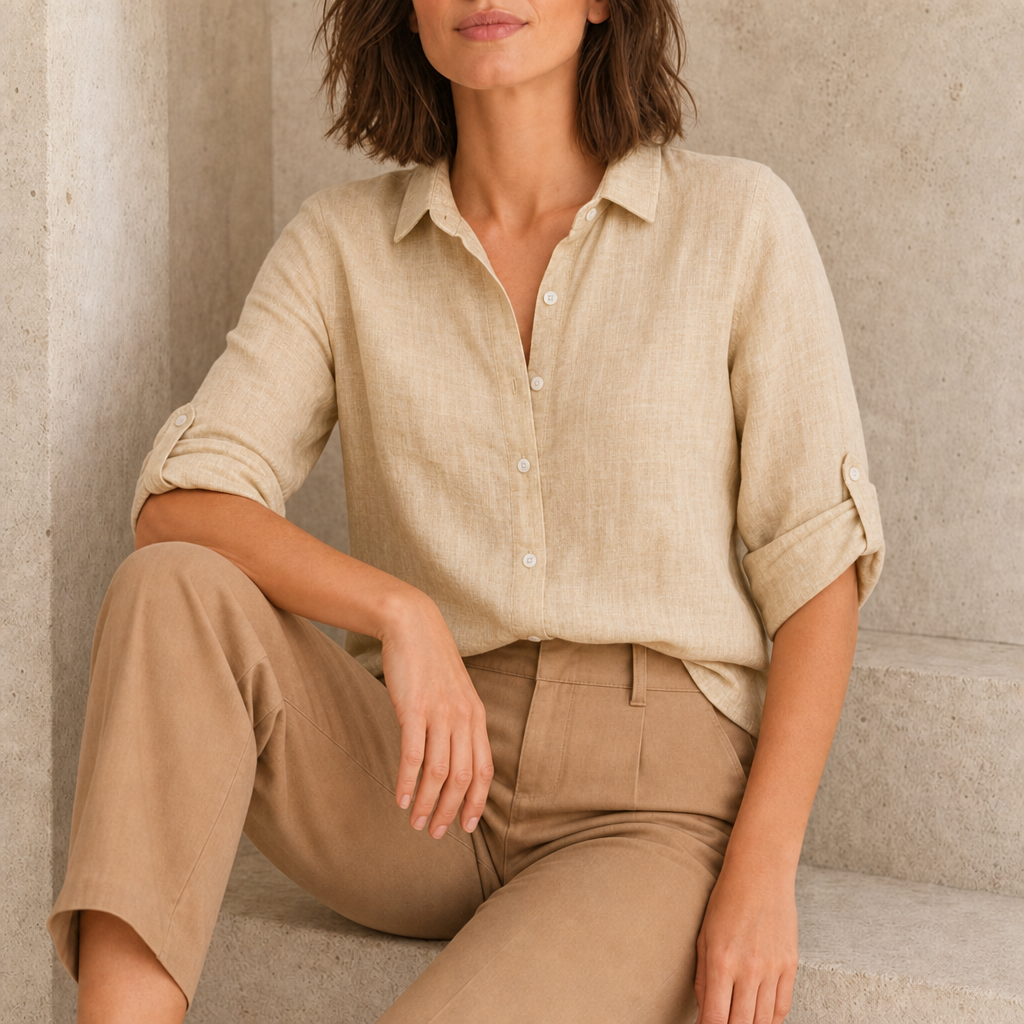 Skyros Relaxed Linen Button-Up Shirt in Light Brown