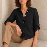 Skyros Relaxed Linen Button-Up Shirt in Black