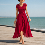 Soller Lace V-Neck Midi Dress in Red