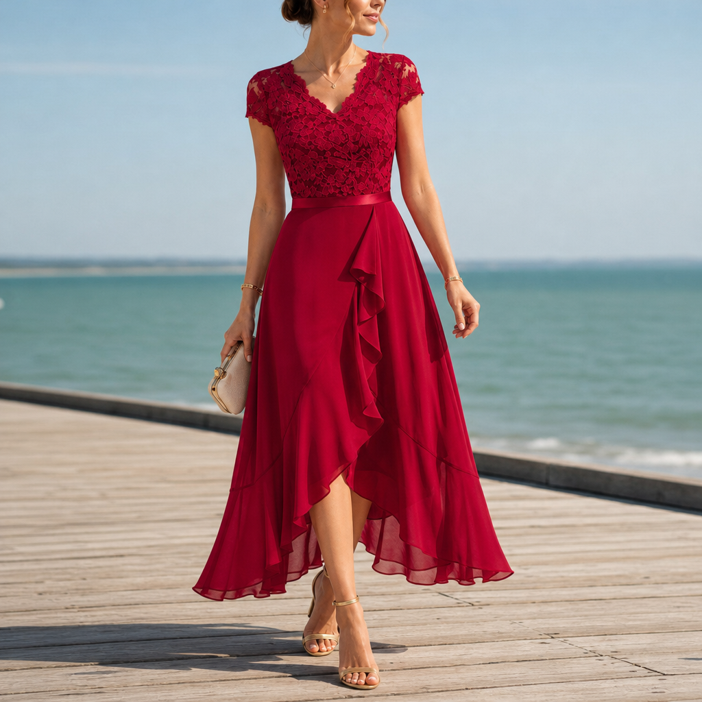Soller Lace V-Neck Midi Dress in Red