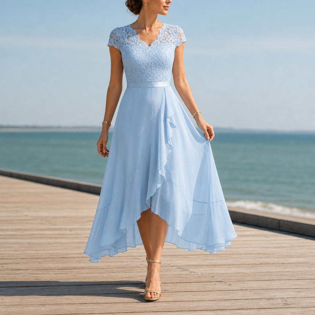 Soller Lace V-Neck Midi Dress in Light Blue