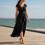 Soller Lace V-Neck Midi Dress in Black