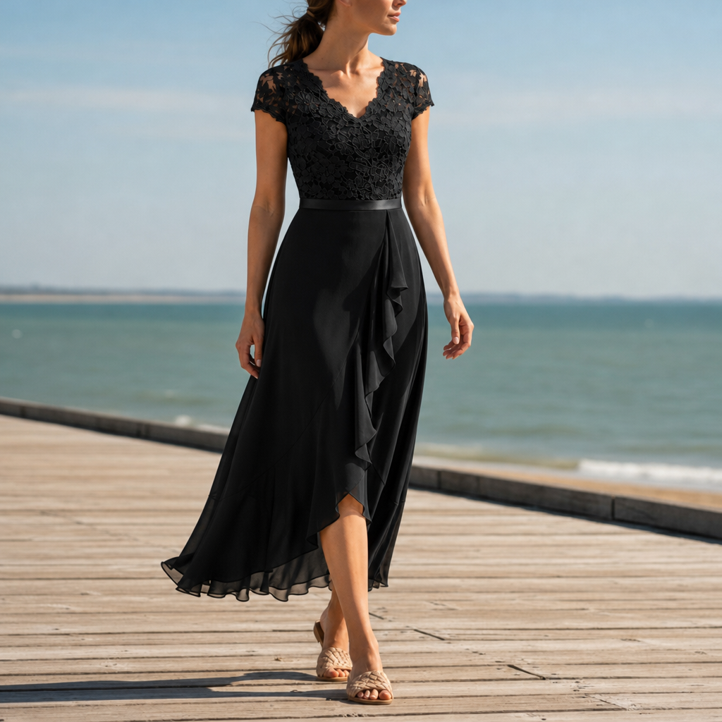 Soller Lace V-Neck Midi Dress in Black