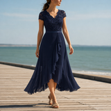 Soller Lace V-Neck Midi Dress in Navy