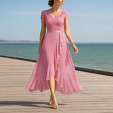 Soller Lace V-Neck Midi Dress in Pink
