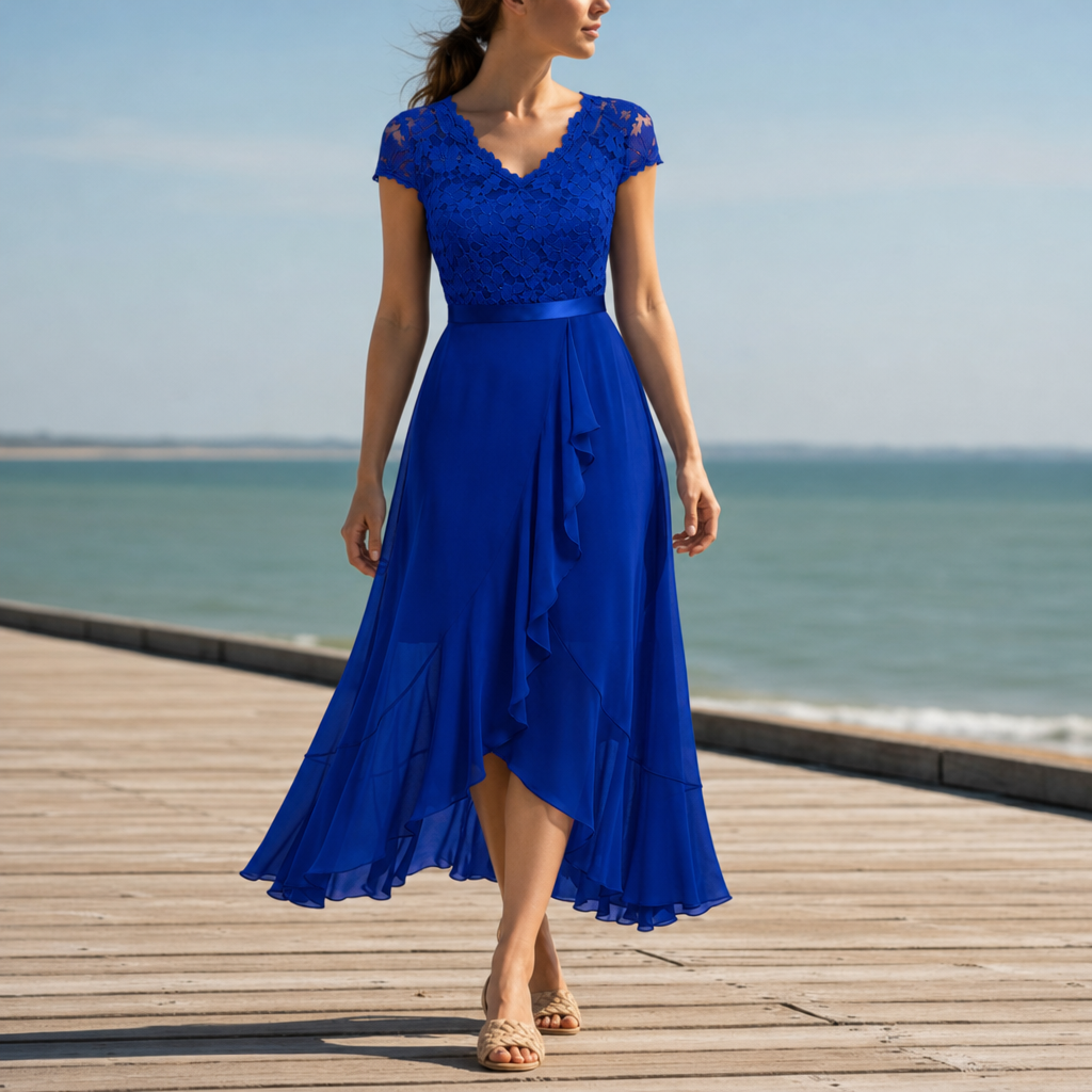 Soller Lace V-Neck Midi Dress in Royal Blue