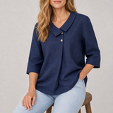 Stresa Linen Asymmetric Collar Top in Navy Blue