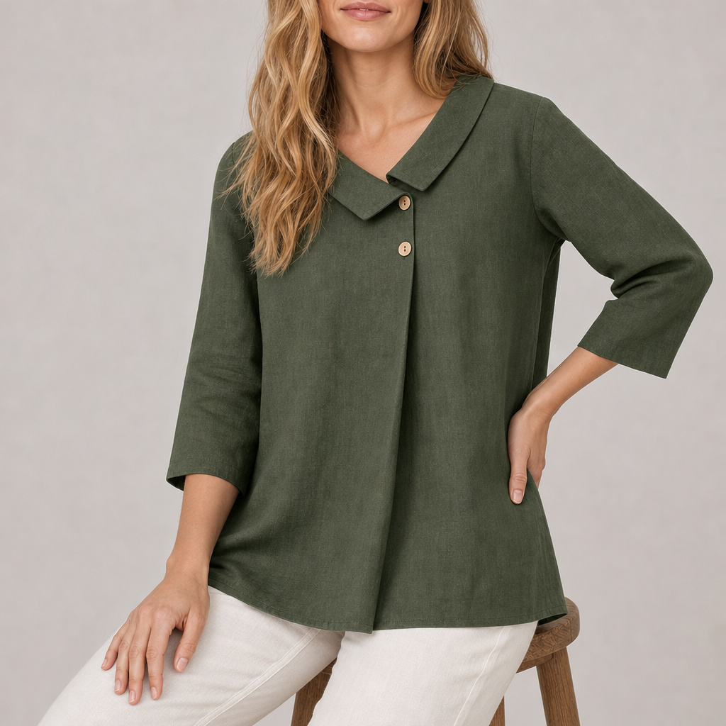 Stresa Linen Asymmetric Collar Top in Forest Olive