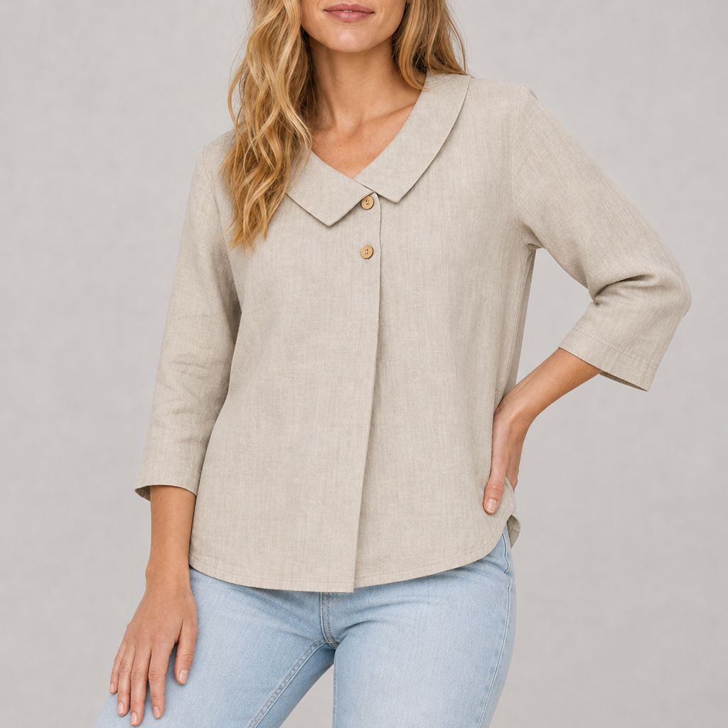 Stresa Linen Asymmetric Collar Top in Natural Melange