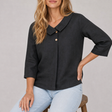 Stresa Linen Asymmetric Collar Top in Charcoal Black